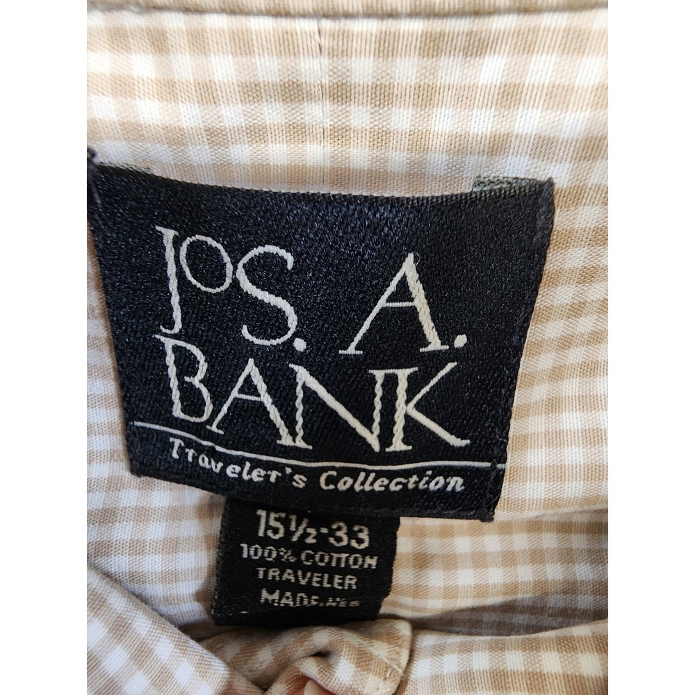 Jos. A. Bank Button Down Shirt Mens 15.5 33 Beige Gingham Traveler Cotton